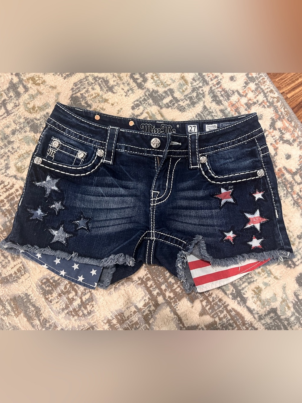 Miss Me Navy Denim Jean Shorts with Red & White Star Accents